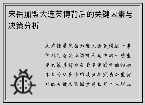 宋岳加盟大连英博背后的关键因素与决策分析