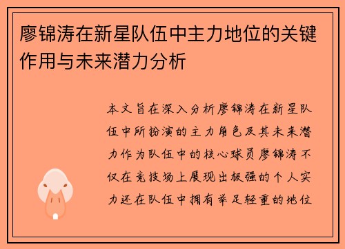 廖锦涛在新星队伍中主力地位的关键作用与未来潜力分析