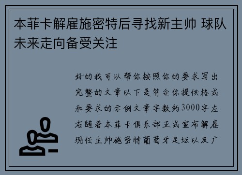 本菲卡解雇施密特后寻找新主帅 球队未来走向备受关注 本菲卡解雇施密特后寻找新主帅 球队未来走向备受关注